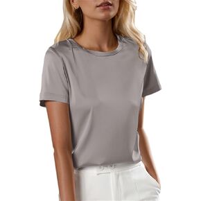SANGTREE Women's Crew Neck Short Sleeve Satin Silk Blouse Tops