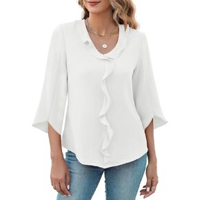 MIRALUNA Womens 3/4 Length Sleeve Tops Blouses V Neck Cute Ruffle Dressy Casual Business Work Shirts in Kuwait