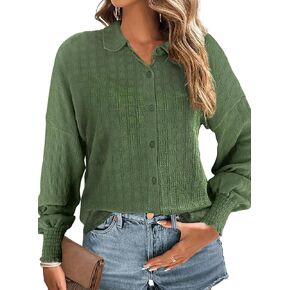 Dokotoo Womens Tops Oversized Textured Button Down Shirts Smocked Long Sleeve V Neck Casual Loose Blouses