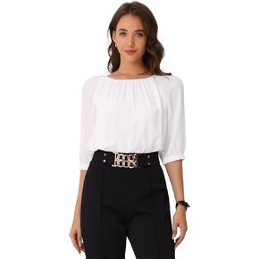 Allegra K Dressy Casual Top for Women's Office Short Puff Sleeve Round Neck Work Blouse