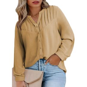 Eytino Women Plus Size Tops Summer V Neck Long Sleeve Button Down Pleated Business Work Blouse Shirts(1X-5X)