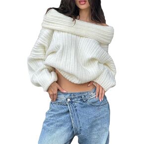 Women's Off The Shoulder Sweater Oversized Batwing Long Sleeve Loose Chunky Knit Pullover Sweaters Top