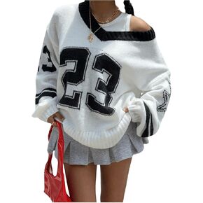 Women's Y2K Sweaters Letter Print Oversized Sweaters Long Sleeve V Neck Pullover Sweater Jumper Top Knit Jersey Shirt