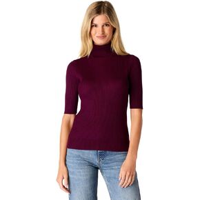 Cable & Gauge Women's Short Sleeve Mock Neck Sweater - Soft Knit Fabric, Ribbed Texture, Elbow-Length Sleeves, Casual Top