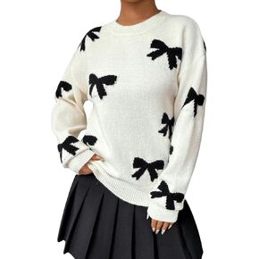 Milumia Women's Bow Print Long Sleeve Drop Shoulder Sweater Crew Neck Knit Pullover Tops