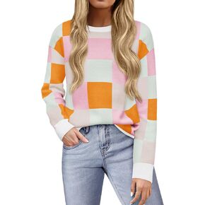 Yousify Women 2024 Fall Sweaters Long Sleeve Ribbed Knit Pullover Crewneck Color Block Sweater