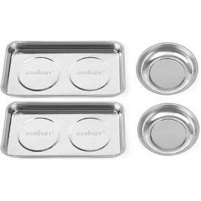 HORUSDY 4-Piece Large Magnetic Parts Tray Set, Stainless Steel Heavy Duty 9.5" W x 5.5''L Square and 4.5" Round Magnetic Trays Tools Parts Tray
