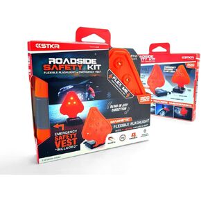 STKR Concepts FLEXIT AUTO Roadside Flashlight Safety Kit - A 200 Lumen, Ultra-Flexible Roadside Safety LED Flashlight + High-Vis Safety Vest Combo Kit,Orange,00388