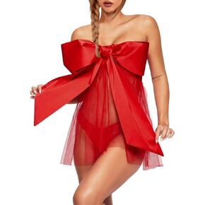 Womens Christmas Lingerie Santa Strappy Babydolls Red Lingerie Lace Chemises Bow Tie Sleepwear with Panty