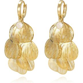 Boho Flower Layered Floral Leaf Drop Dangle Earring For Women,Metal CZ Gold Lightweight Flower Bohemian Gold Petal Exaggerated Jewelry Earrings For Women Brides Party Prom Wedding