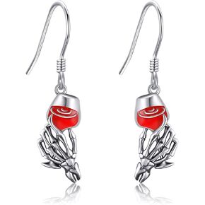 Skull Earrings 925 Sterling Silver Skeleton Hand Wine Drop Dangle Earrings Gothic Halloween Jewelry for Women