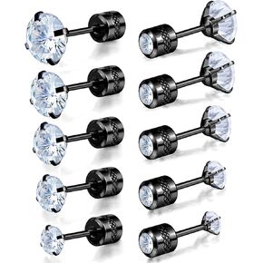 Pack of Titanium Round/Square CZ Screw Back Earrings Hypoallergenic for Sensitive Ears