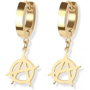 316L Stainless Steel Anarchy Symbol Dangling Huggie Hoop Earrings, Sold as a Pair