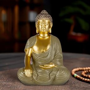 Houlu Golden Meditating Buddha Statue Indoor – 6.3 Inch Buddha Statue for Home Decor, Small Buddha Statues for Meditation and Spiritual Decor - Blessing Buddha