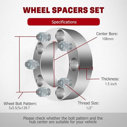 4pc Wheel Spacers for 1.5" Wheel Spacers 5x5.5 with 1/2" Studs for Jeep for CJ5 CJ6 CJ7, for Ram for 1500 Van/B1500/W150, for Ford for F150/E150/Bronco, 5x139.7 108mm Wheel Adapters & Spacers in Saudi Arabia