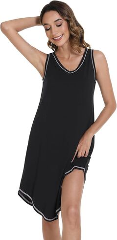 WiWi Viscose from Bamboo Tank Nightgown for Women V-Neck Sleeveless Sleep Gowns S-XXL in Kuwait