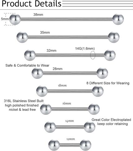 14G Surgical Steel Industrial Barbell for Women Acrylic Cartilage Earrings Replacement Balls for Tongue Helix Nipple Rings Bar Length 12-38mm in Saudi Arabia