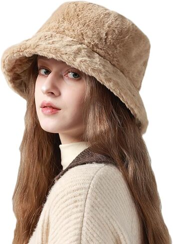 Faux Fur Furry Flower Bucket Hats for Women Winter Plush Fisherman Hat Warm Outdoor Cap in Saudi Arabia