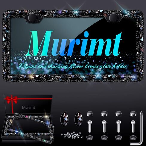 2 Pack Bling License Plate Frame for Women with High End Ribbon Gift Box Rhinestone Sparkly Diamond License Plate Holder, Handcrafted Crystal Premium Stainless Steel (Black Gem) in Saudi Arabia