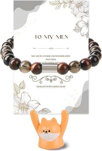 Natural Stone Bracelet for Men-Adjustable Cord Bracelet with Desktop Ornament-Valentine's Day Christmas,Birthday Gift for Him,Healing Natural Stone Bracelets for Father Husband in Saudi Arabia