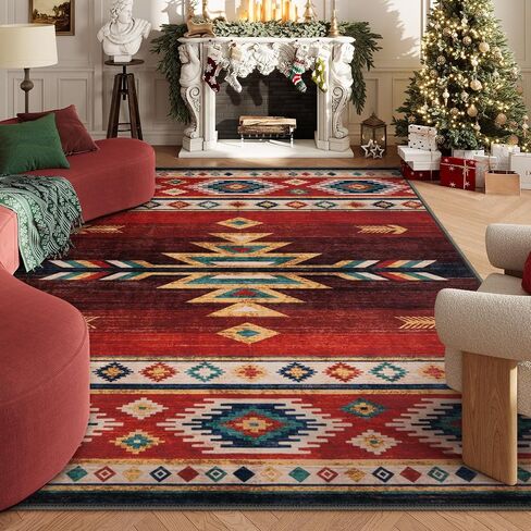 LIVEBOX Washable Western Rug 8x10 - Christmas Aztec Living Room Rug Thin Red Rugs for Bedroom, Large Farmhouse Rug Carpet Southwest Rug for Dining Room Office, Red in Saudi Arabia