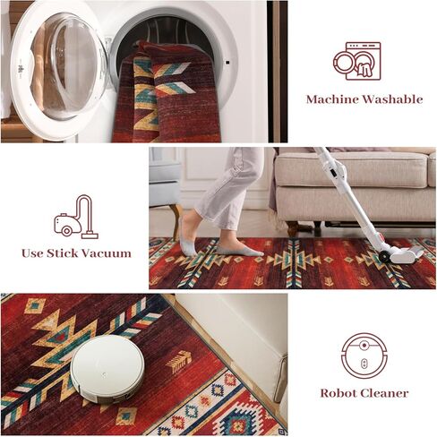 LIVEBOX Washable Western Rug 8x10 - Christmas Aztec Living Room Rug Thin Red Rugs for Bedroom, Large Farmhouse Rug Carpet Southwest Rug for Dining Room Office, Red in Saudi Arabia