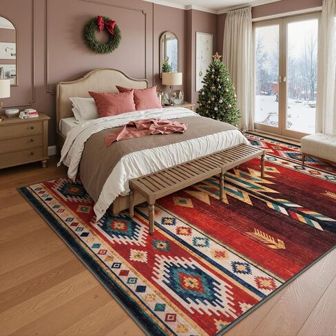 LIVEBOX Washable Western Rug 8x10 - Christmas Aztec Living Room Rug Thin Red Rugs for Bedroom, Large Farmhouse Rug Carpet Southwest Rug for Dining Room Office, Red in Saudi Arabia