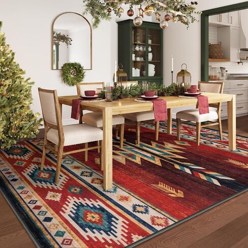 LIVEBOX Washable Western Rug 8x10 - Christmas Aztec Living Room Rug Thin Red Rugs for Bedroom, Large Farmhouse Rug Carpet Southwest Rug for Dining Room Office, Red in Saudi Arabia