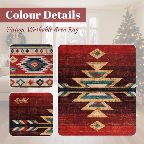 سجادة LIVEBOX غربية قابلة للغسل مقاس 8 × 10 - سجادة غرفة المعيشة من الأزتيك لعيد الميلاد، سجاد أحمر رقيق لغرفة النوم، سجادة مزرعة كبيرة سجادة جنوب غرب لمكتب غرفة الطعام، أحمر in Kuwait
