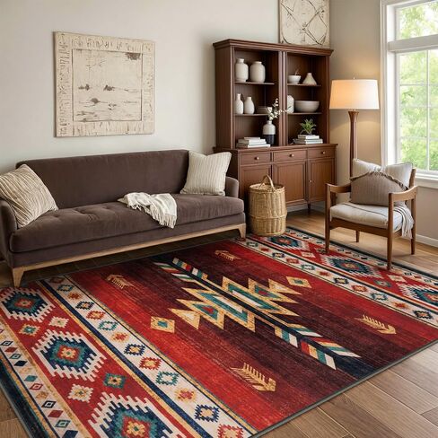 LIVEBOX Washable Western Rug 8x10 - Christmas Aztec Living Room Rug Thin Red Rugs for Bedroom, Large Farmhouse Rug Carpet Southwest Rug for Dining Room Office, Red in Saudi Arabia