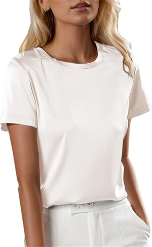 SANGTREE Women's Crew Neck Short Sleeve Satin Silk Blouse Tops in Kuwait