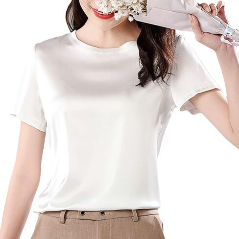 SANGTREE Women's Crew Neck Short Sleeve Satin Silk Blouse Tops in Kuwait