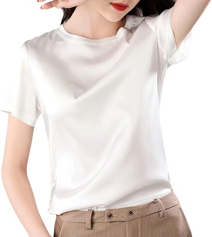 SANGTREE Women's Crew Neck Short Sleeve Satin Silk Blouse Tops in Kuwait