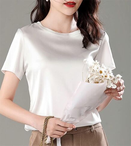 SANGTREE Women's Crew Neck Short Sleeve Satin Silk Blouse Tops in Kuwait
