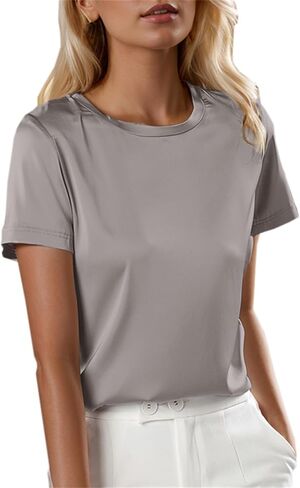 SANGTREE Women's Crew Neck Short Sleeve Satin Silk Blouse Tops in Kuwait
