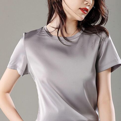 SANGTREE Women's Crew Neck Short Sleeve Satin Silk Blouse Tops in Kuwait