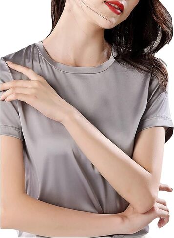 SANGTREE Women's Crew Neck Short Sleeve Satin Silk Blouse Tops in Kuwait