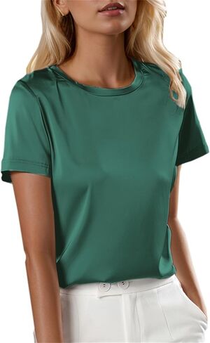 SANGTREE Women's Crew Neck Short Sleeve Satin Silk Blouse Tops in Kuwait