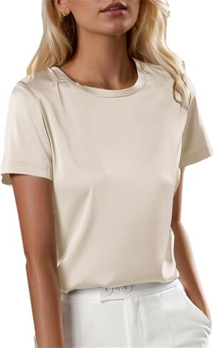 SANGTREE Women's Crew Neck Short Sleeve Satin Silk Blouse Tops in Kuwait