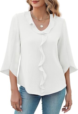 MIRALUNA Womens 3/4 Length Sleeve Tops Blouses V Neck Cute Ruffle Dressy Casual Business Work Shirts in Kuwait