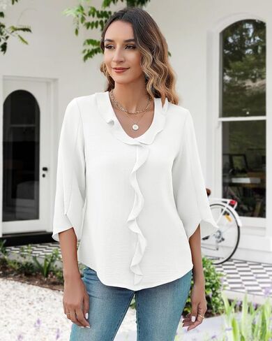 MIRALUNA Womens 3/4 Length Sleeve Tops Blouses V Neck Cute Ruffle Dressy Casual Business Work Shirts in Kuwait