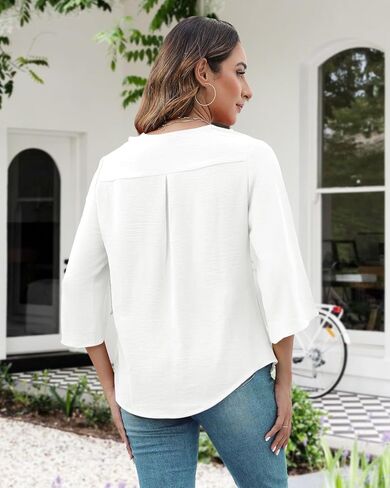 MIRALUNA Womens 3/4 Length Sleeve Tops Blouses V Neck Cute Ruffle Dressy Casual Business Work Shirts in Kuwait