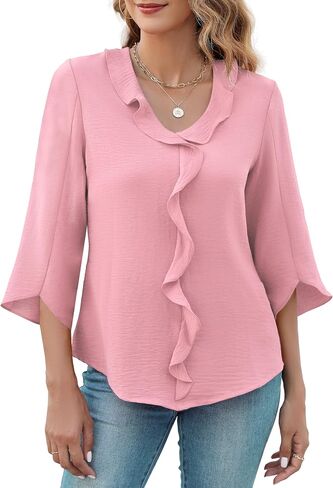 MIRALUNA Womens 3/4 Length Sleeve Tops Blouses V Neck Cute Ruffle Dressy Casual Business Work Shirts in Kuwait