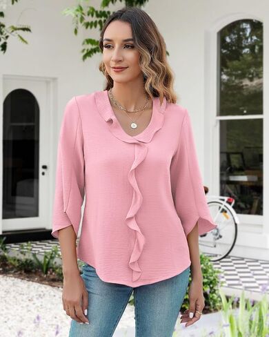 MIRALUNA Womens 3/4 Length Sleeve Tops Blouses V Neck Cute Ruffle Dressy Casual Business Work Shirts in Kuwait