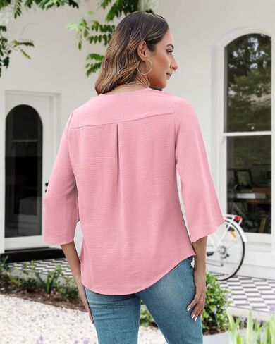MIRALUNA Womens 3/4 Length Sleeve Tops Blouses V Neck Cute Ruffle Dressy Casual Business Work Shirts in Kuwait