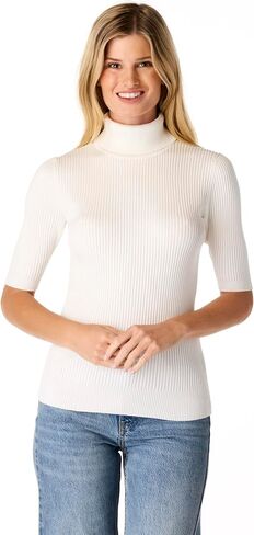 Cable & Gauge Women's Short Sleeve Mock Neck Sweater - Soft Knit Fabric, Ribbed Texture, Elbow-Length Sleeves, Casual Top in Saudi Arabia