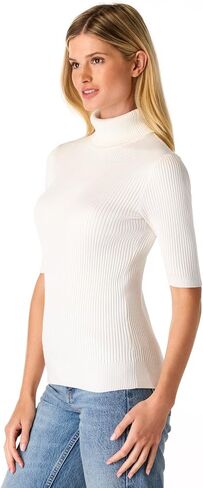 Cable & Gauge Women's Short Sleeve Mock Neck Sweater - Soft Knit Fabric, Ribbed Texture, Elbow-Length Sleeves, Casual Top in Saudi Arabia