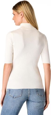 Cable & Gauge Women's Short Sleeve Mock Neck Sweater - Soft Knit Fabric, Ribbed Texture, Elbow-Length Sleeves, Casual Top in Saudi Arabia