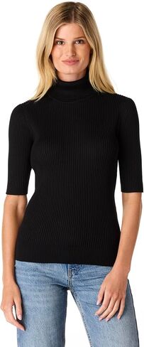 Cable & Gauge Women's Short Sleeve Mock Neck Sweater - Soft Knit Fabric, Ribbed Texture, Elbow-Length Sleeves, Casual Top in Saudi Arabia
