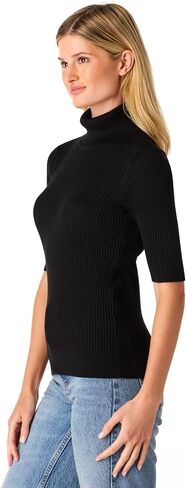 Cable & Gauge Women's Short Sleeve Mock Neck Sweater - Soft Knit Fabric, Ribbed Texture, Elbow-Length Sleeves, Casual Top in Saudi Arabia